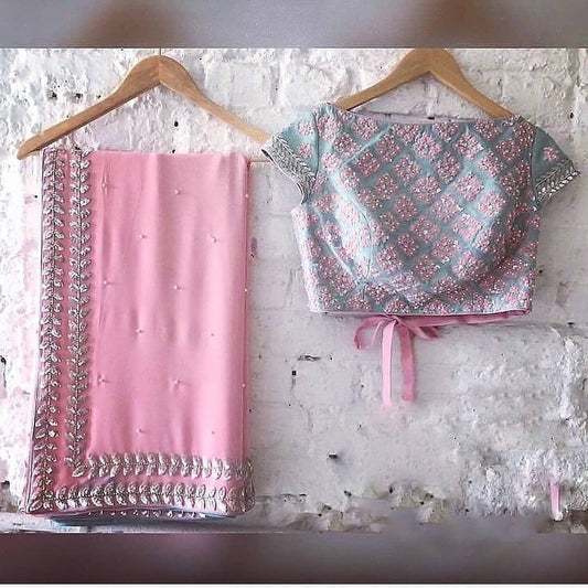 pink satin georgette hand pearl work gorgeous saree