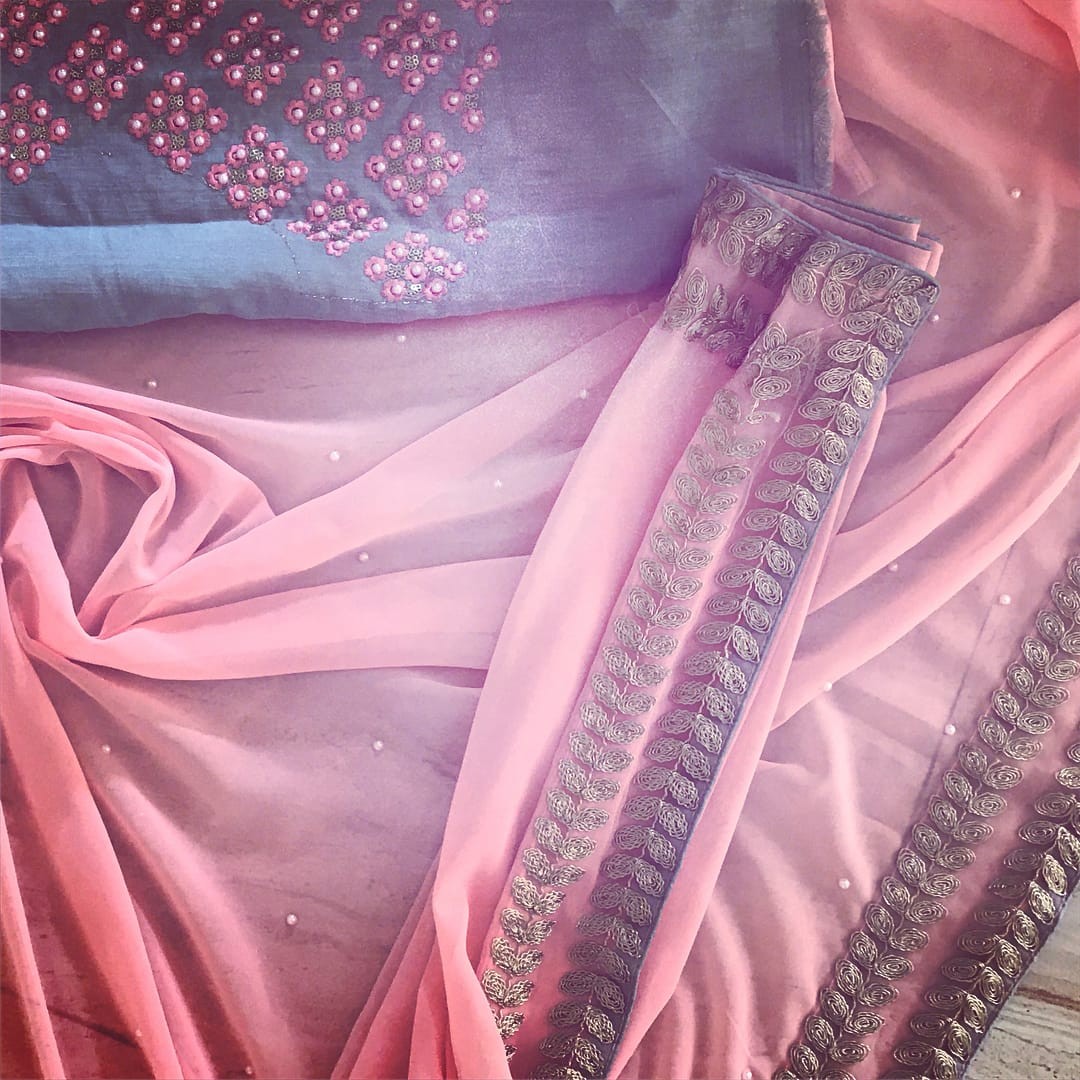 pink satin georgette hand pearl work gorgeous saree