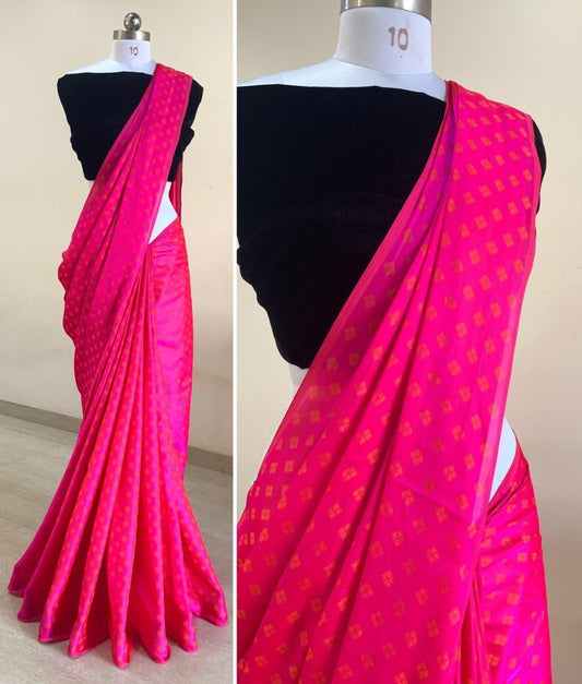 Pink satin jacquard saree