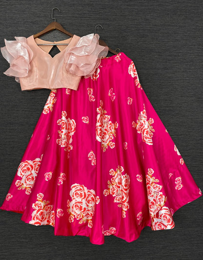Pink satin printed crop top lehenga