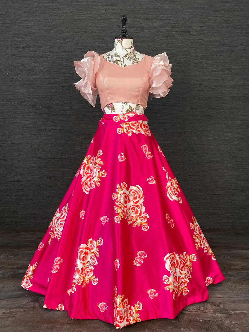 Pink satin printed crop top lehenga