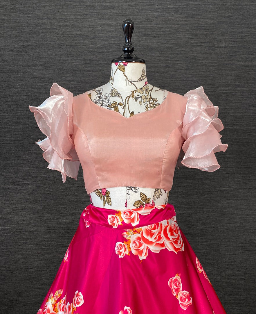 Pink satin printed crop top lehenga