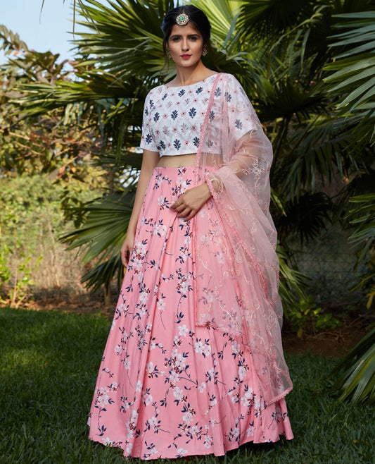 Pink silk crepe flower printed party wear lehenga choli
