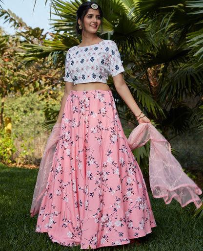 Pink silk crepe flower printed party wear lehenga choli