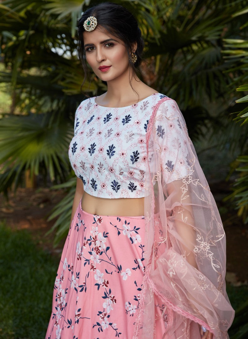 Pink silk crepe flower printed party wear lehenga choli