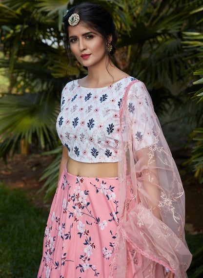 Pink silk crepe flower printed party wear lehenga choli