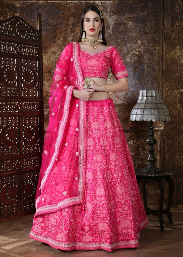 Pink silk heavy embroidered wedding lehenga choli