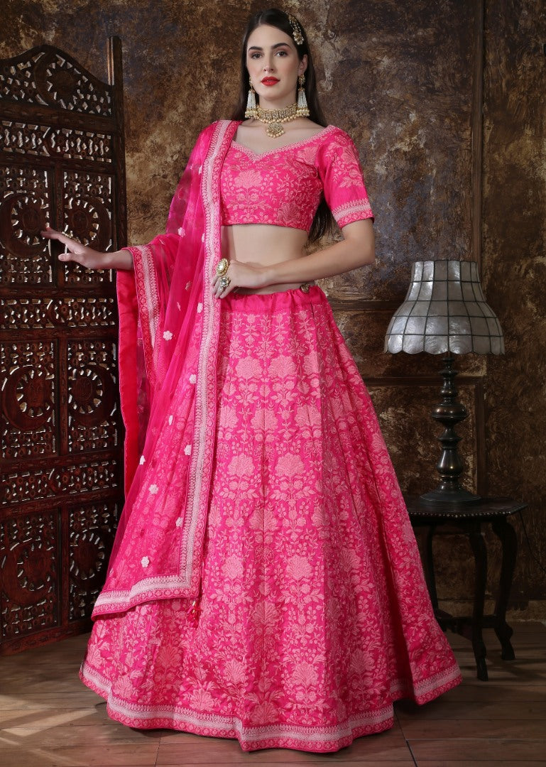 Pink silk heavy embroidered wedding lehenga choli