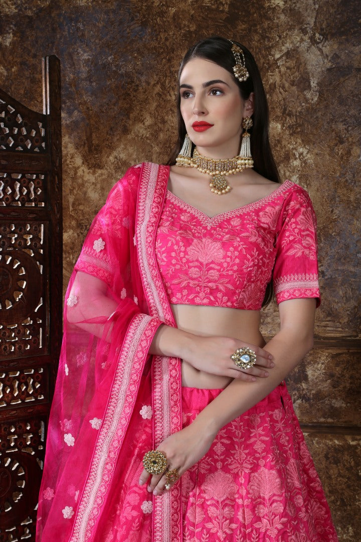 Pink silk heavy embroidered wedding lehenga choli