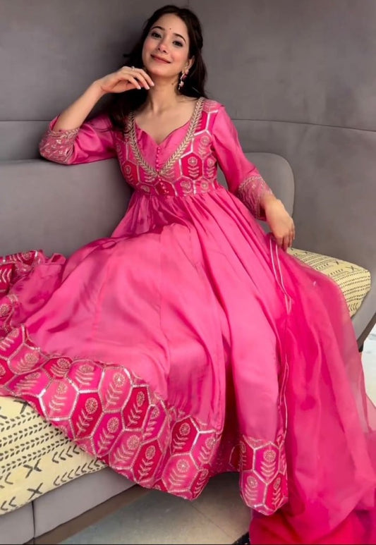 Pink silk thread and sequence work long anarkali gown