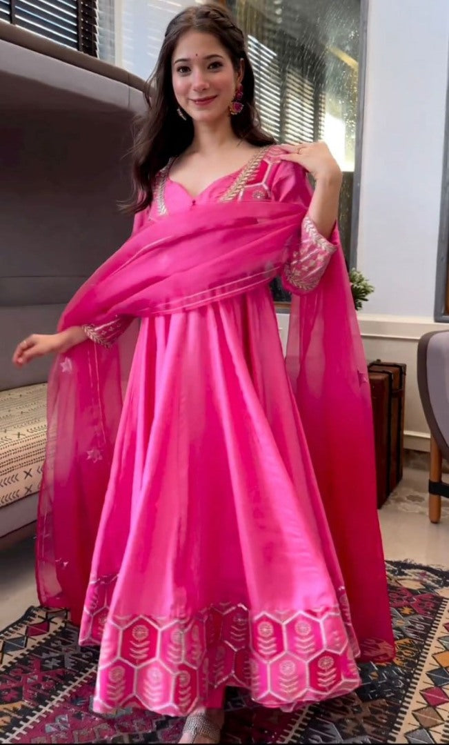 Pink silk thread and sequence work long anarkali gown