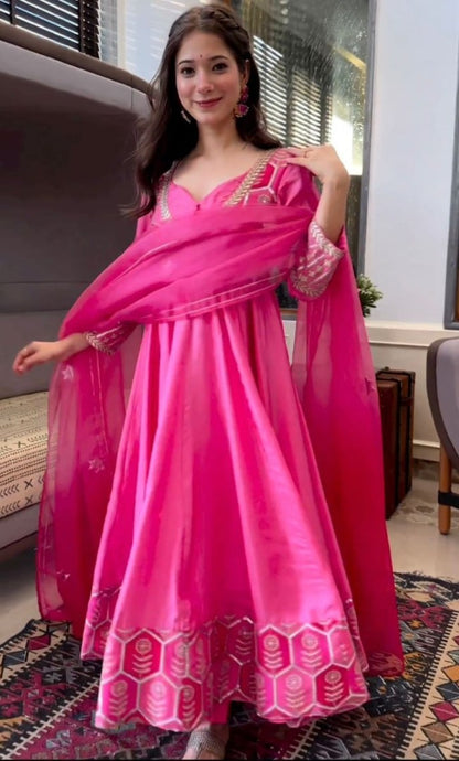 Pink silk thread and sequence work long anarkali gown