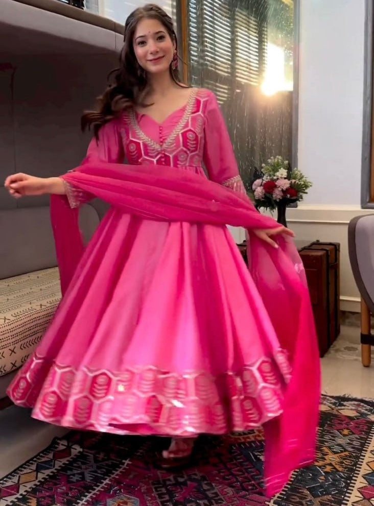 Pink silk thread and sequence work long anarkali gown