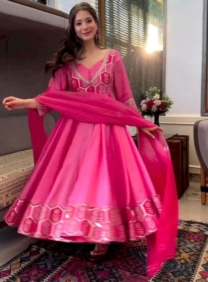 Pink silk thread and sequence work long anarkali gown