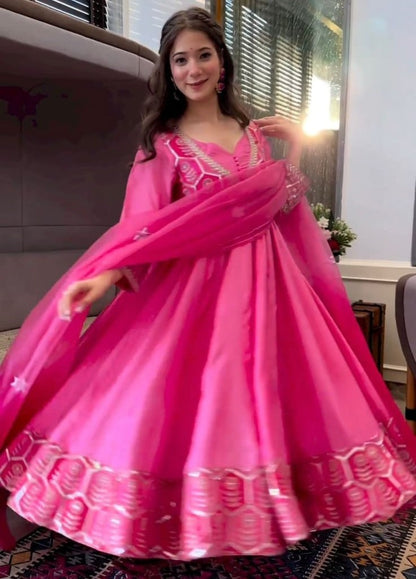 Pink silk thread and sequence work long anarkali gown