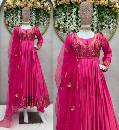 Pink silk thread and sequence work long anarkali gown