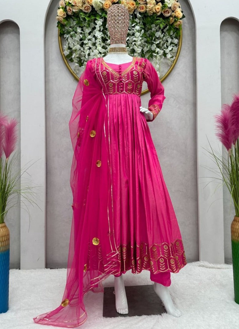 Pink silk thread and sequence work long anarkali gown