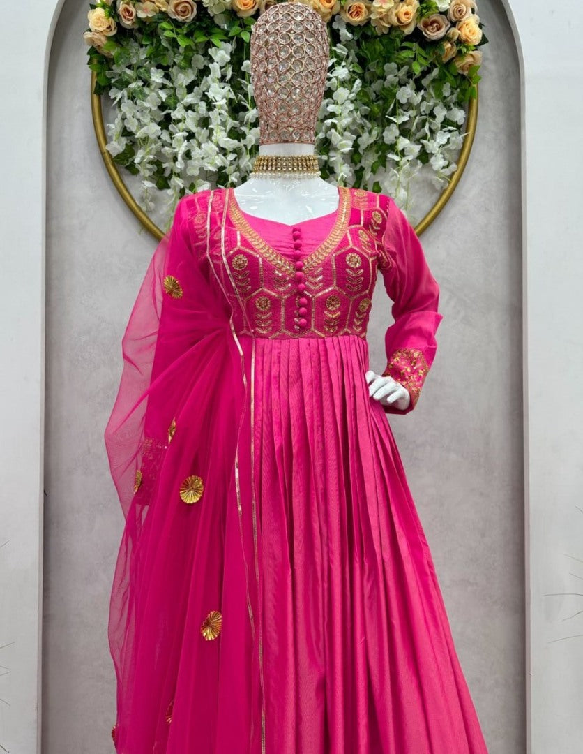Pink silk thread and sequence work long anarkali gown