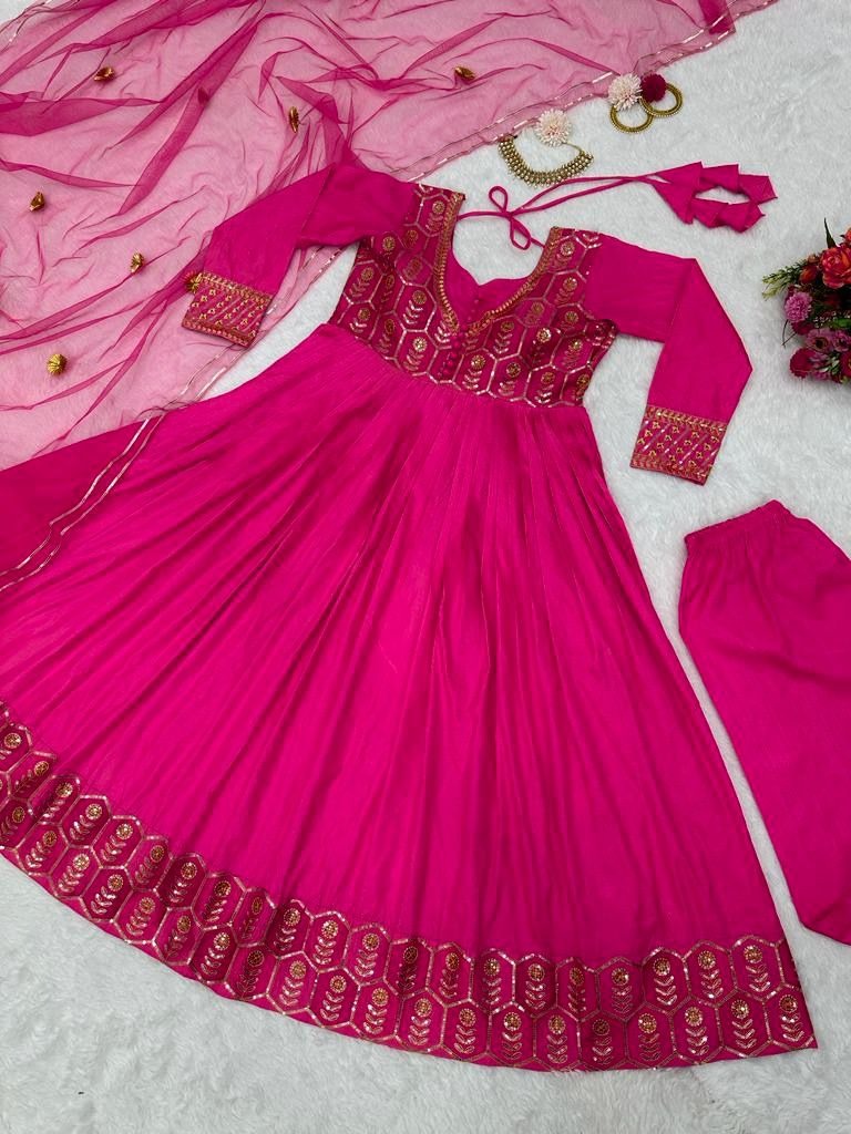 Pink silk thread and sequence work long anarkali gown