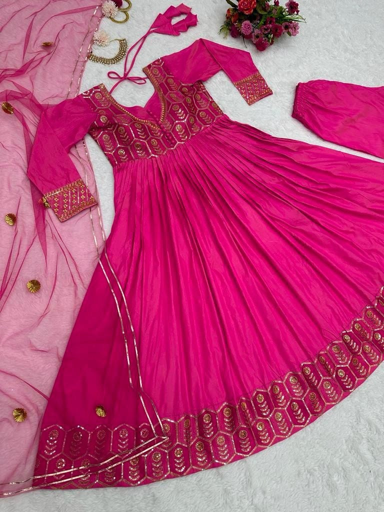 Pink silk thread and sequence work long anarkali gown