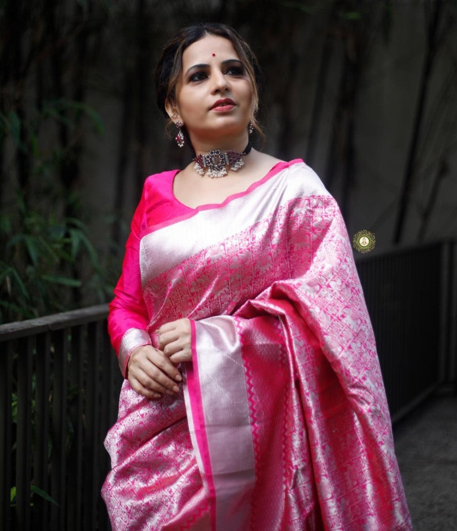 Pink silk zari weaving ceremonial saree