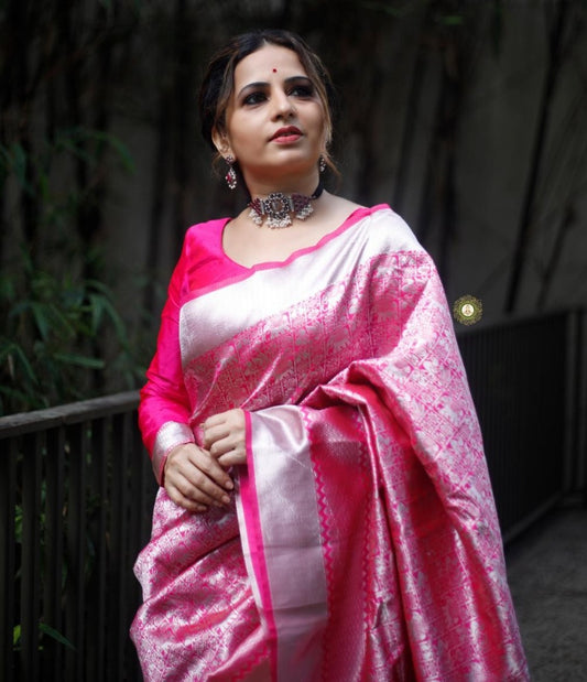 Pink silk zari weaving ceremonial saree