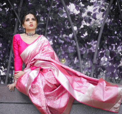 Pink silk zari weaving ceremonial saree