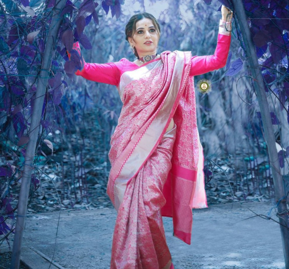 Pink silk zari weaving ceremonial saree