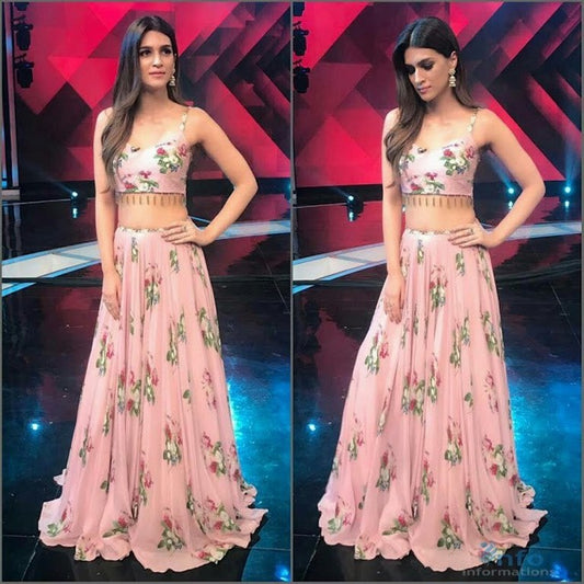 pink slub silk printed lehenga with pipe less
