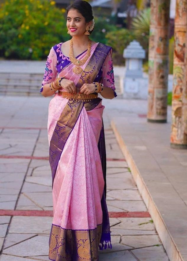 Pink soft lichi silk banarasi jacquard weaving work saree