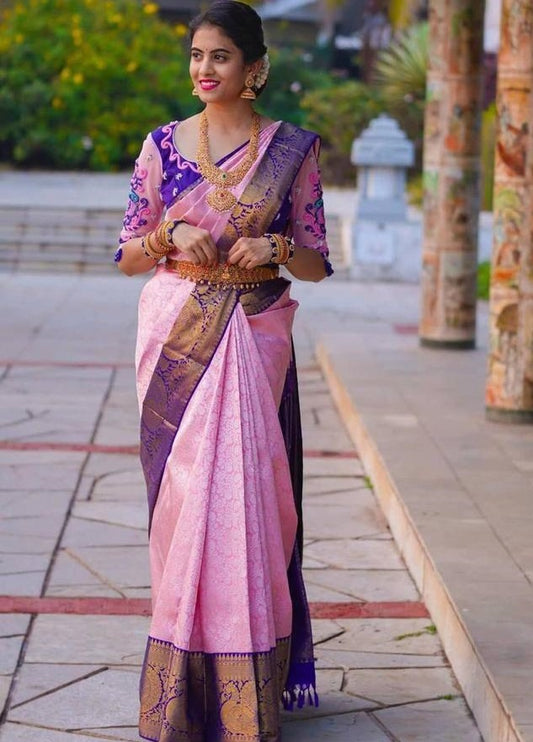 Pink soft lichi silk banarasi jacquard weaving work saree