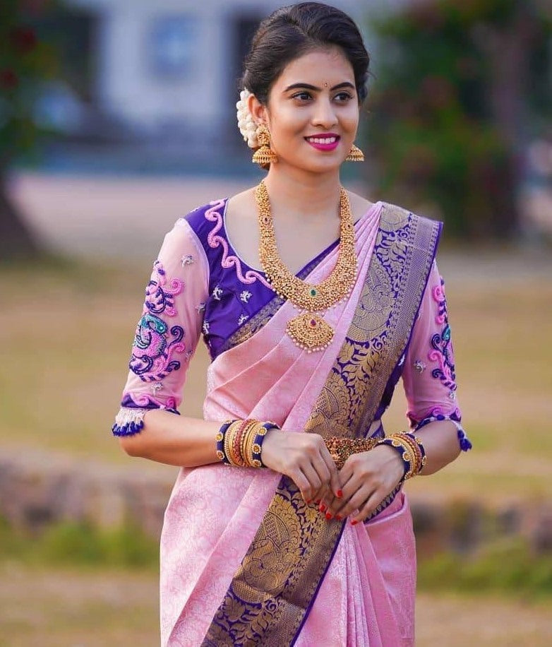 Pink soft lichi silk banarasi jacquard weaving work saree