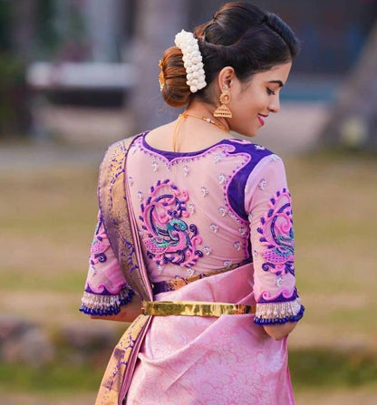 Pink soft lichi silk banarasi jacquard weaving work saree