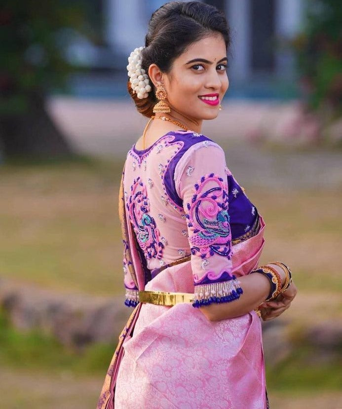 Pink soft lichi silk banarasi jacquard weaving work saree