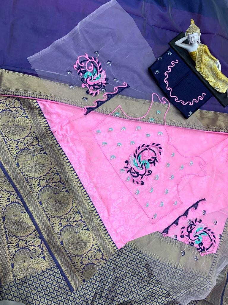 Pink soft lichi silk banarasi jacquard weaving work saree
