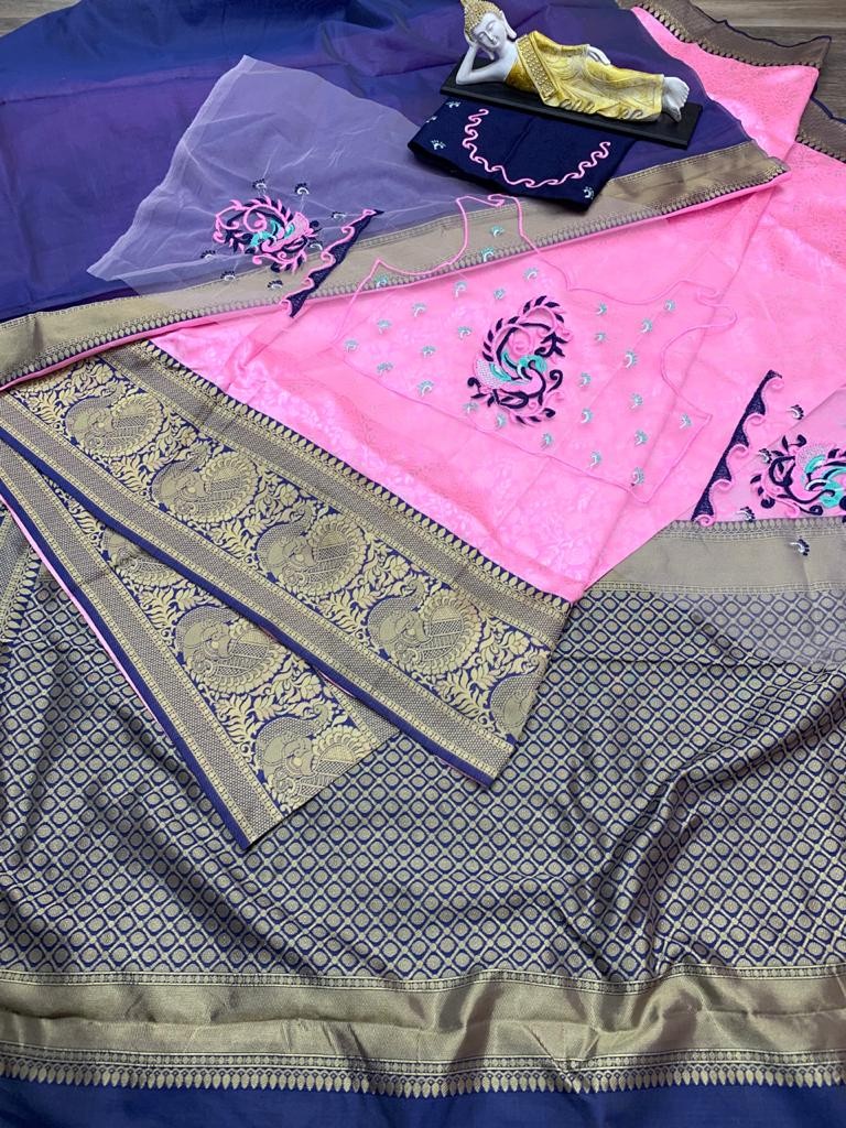 Pink soft lichi silk banarasi jacquard weaving work saree