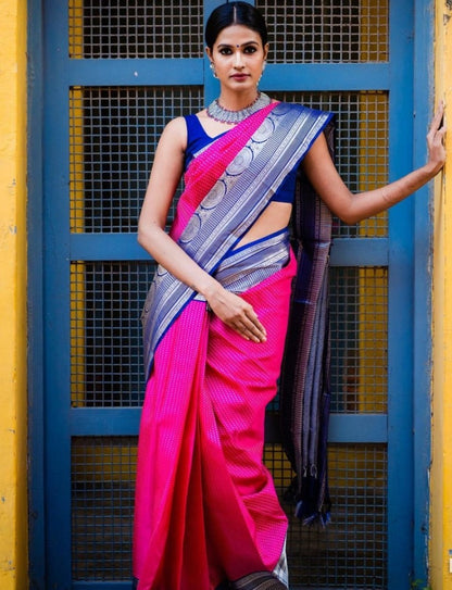 Pink soft lichi silk jacquard weaving work occasional saree