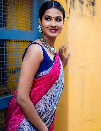 Pink soft lichi silk jacquard weaving work occasional saree