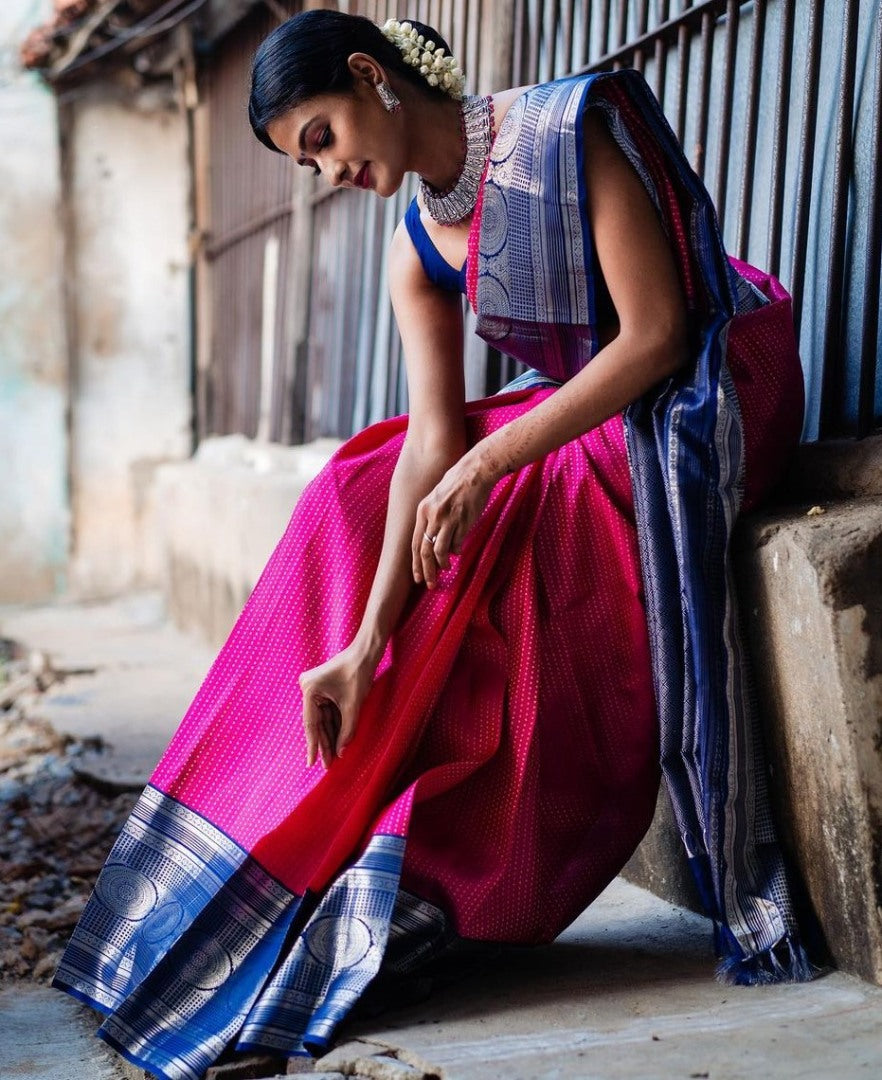 Pink soft lichi silk jacquard weaving work occasional saree
