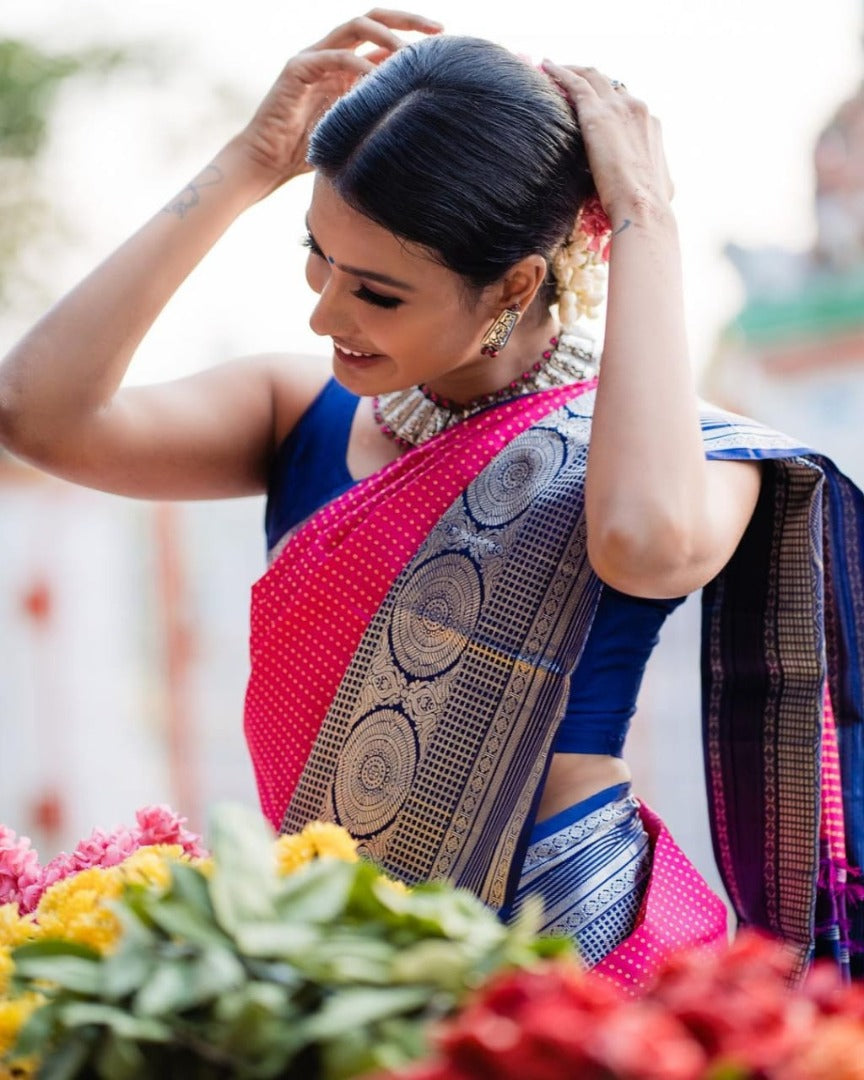 Pink soft lichi silk jacquard weaving work occasional saree