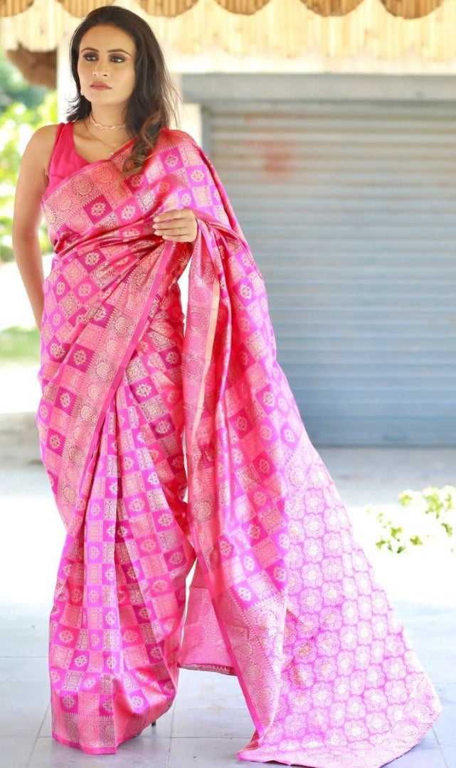 Pink soft lichi silk jacquard weaving work wedding saree