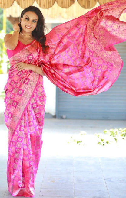 Pink soft lichi silk jacquard weaving work wedding saree