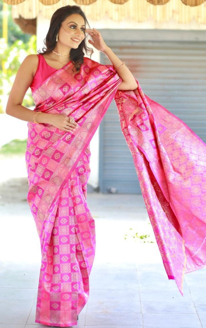 Pink soft lichi silk jacquard weaving work wedding saree