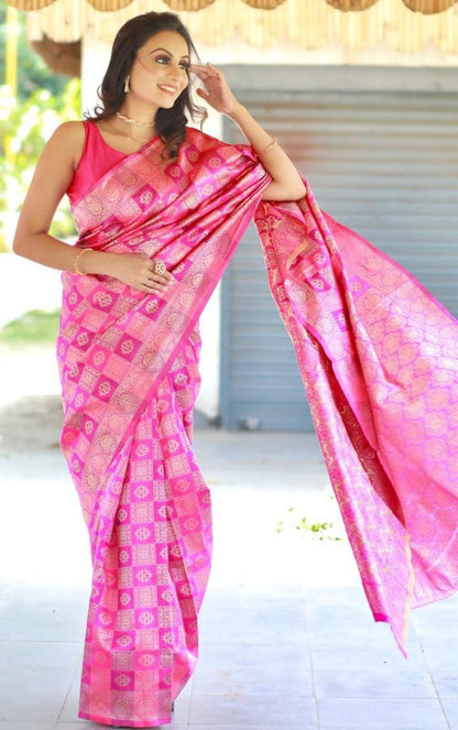 Pink soft lichi silk jacquard weaving work wedding saree