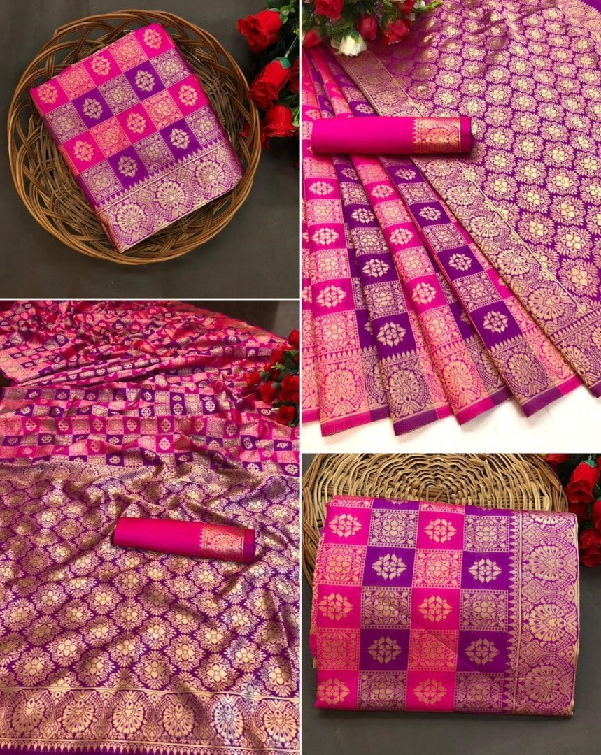 Pink soft lichi silk jacquard weaving work wedding saree