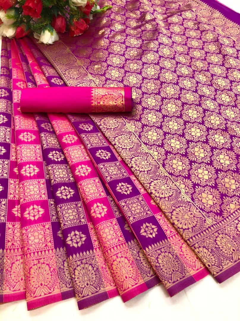 Pink soft lichi silk jacquard weaving work wedding saree