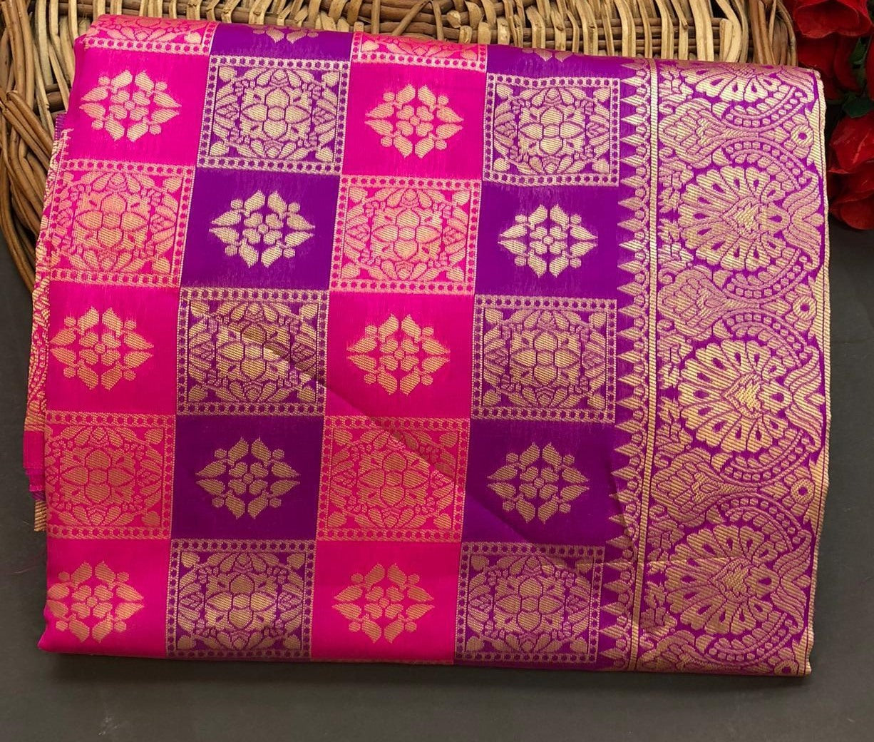 Pink soft lichi silk jacquard weaving work wedding saree