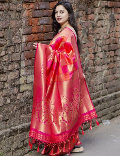Pink soft lichi silk jacquard weaving work wedding saree