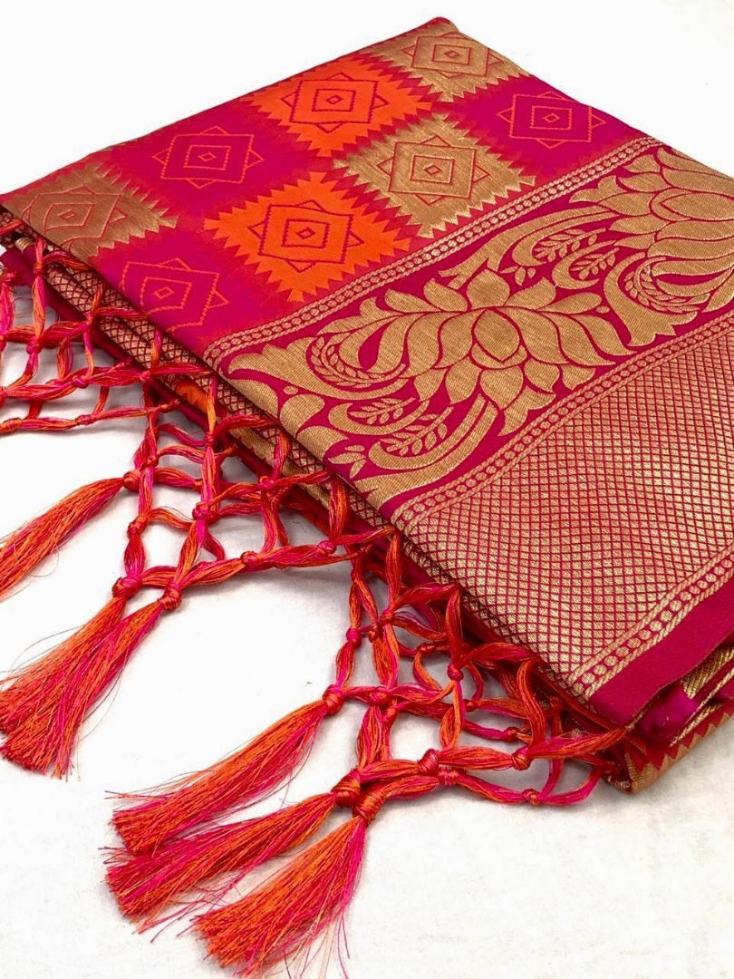 Pink soft lichi silk jacquard weaving work wedding saree