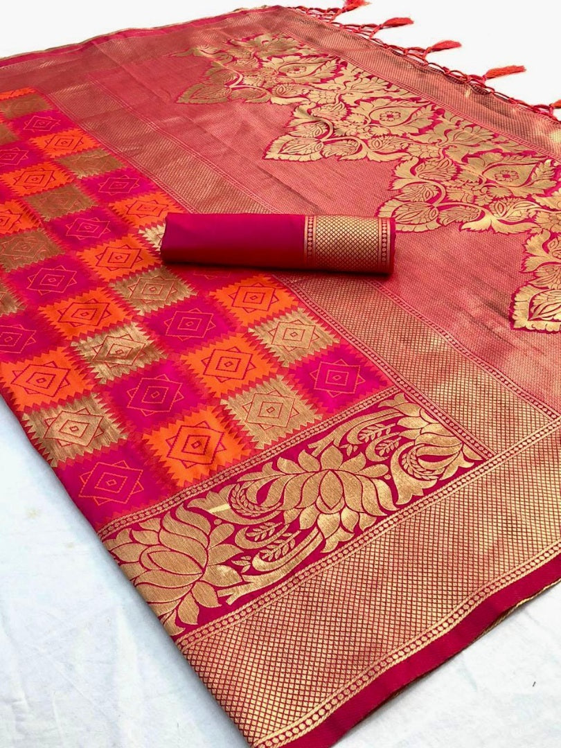 Pink soft lichi silk jacquard weaving work wedding saree